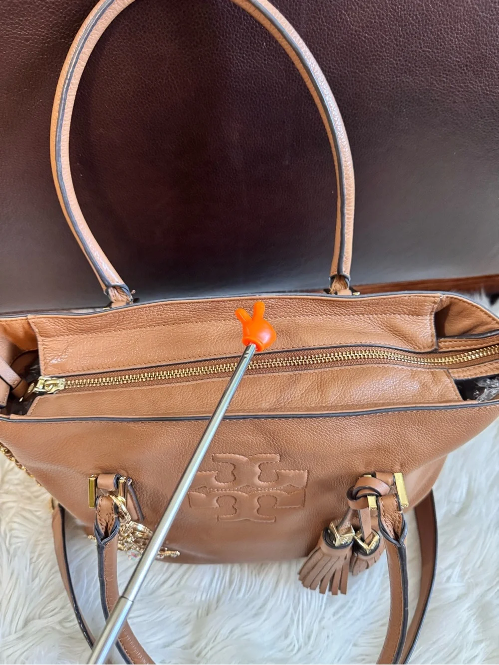 Tory Burch Cognac Pebbled Leather Tote with Tassel and Chain Strap